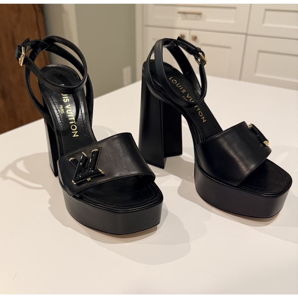 Louis Vuitton Black Leather LV logo embellished Shake Platform sandals EU 38 - Picture 4 of 16